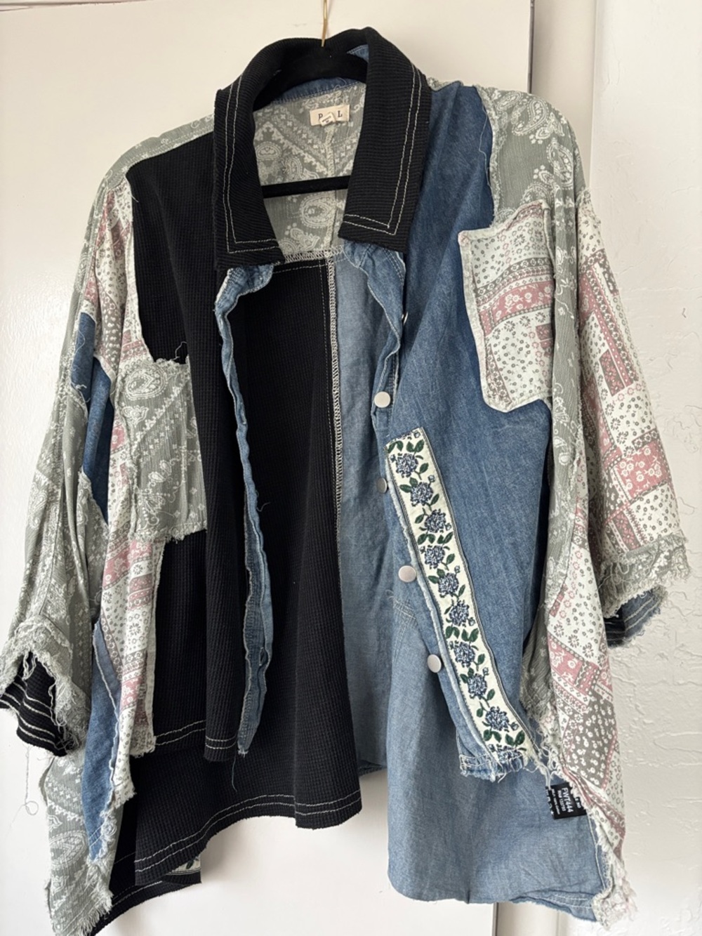 POL Patchwork Button Shirt in Black, Denim & Sage Paisley